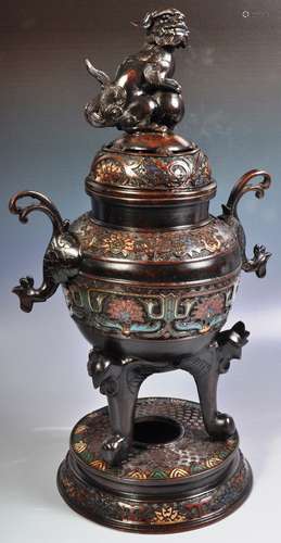 LARGE 19TH CENTURY BRONZE AND CLOISONNE INCENSES BURNER URN