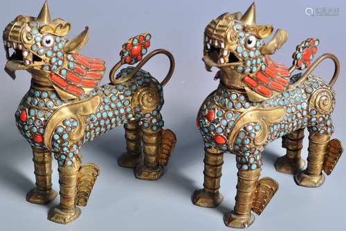 PAIR OF CHINESE BRASS TURQUOISE & RED ENAMEL FOO DOG FIGURES