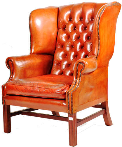 20TH CENTURY CHESTERFIELD MANNER OXBLOOD LEATHER WING CHAIR