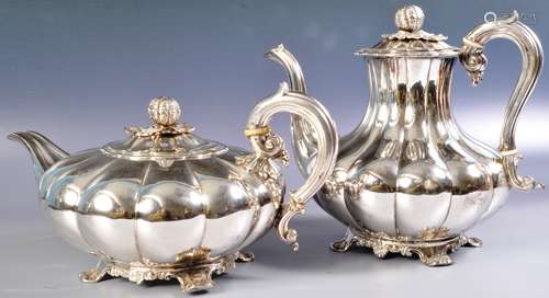 WILLIAM IV SILVER PLATED MELON SHAPED TEAPOT AND COFFEE POT