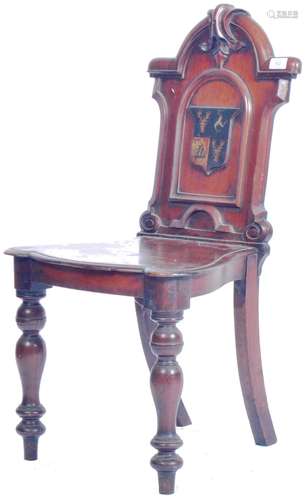 19TH CENTURY VICTORIAN MAHOGANY PAINTED ARMORIAL HALL CHAIR