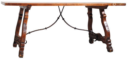 19TH CENTURY SPANISH WALNUT & WROUGHT IRON REFECTORY TABLE