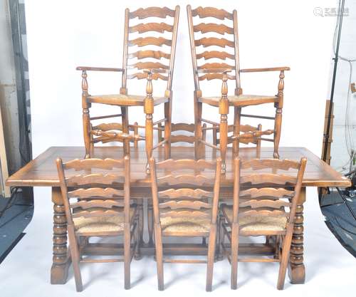 LARGE OAK REFECTORY TABLE & CHAIRS DINING SUITE