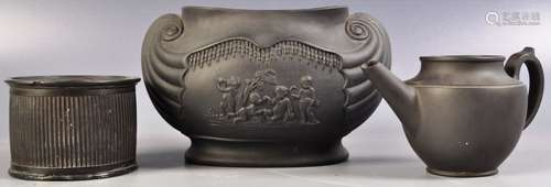 GROUP OF THREE VICTORIAN BLACK BASALT WEDGWOOD PIECES