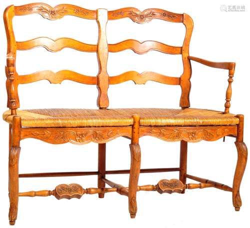 19TH CENTURY CARVED FRUITWOOD RUSH SEATED BENCH