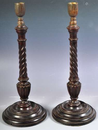 PAIR OF VICTORIAN MAHOGANY TWIST CANDLESTICKS WITH BRONZE CU...