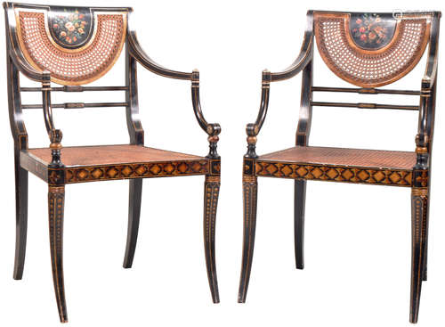 PAIR OF REGENCY REVIVAL PAINTED CANE SIDE CHAIRS