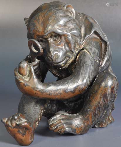 JAPANESE MEIJI PERIOD BRONZE MONKEY OBSERVING NETSUKE OKIMON...