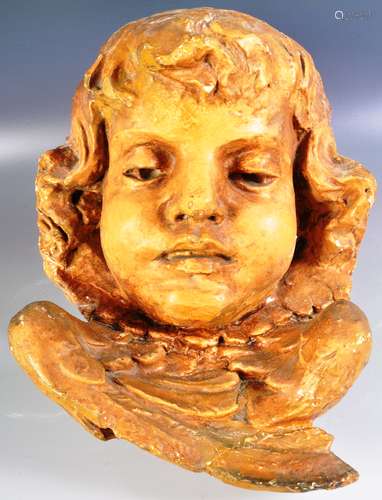 19TH CENTURY GILT PLASTER REYNOLDS CHERUB HEAD WALL MASK