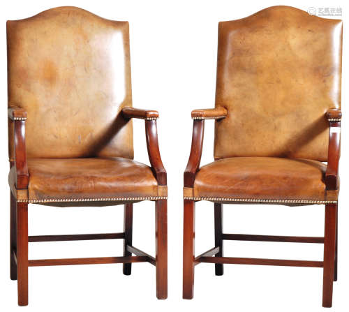 PAIR OF GEORGE II MANNER FAUX LEATHER GAINSBOROUGH ARMCHAIRS