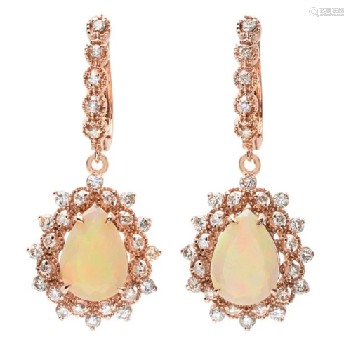 14K Gold 4.50ct Opal & 1.50ct Diamond Earrings