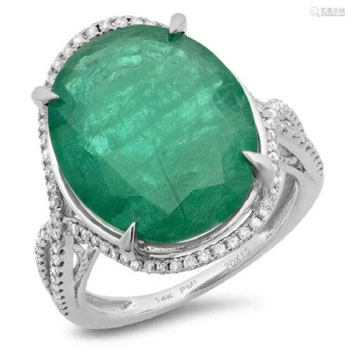 14K Gold 10.50ct Emerald & 0.30ct Diamond Ring