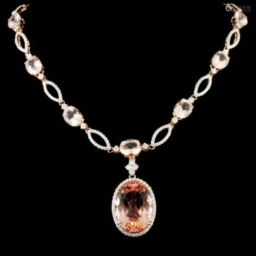 14K Gold 44.18ct Morganite & 4.25ctw Diamond Neckl