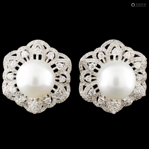 18K Gold 11MM Pearl & 1.85ctw Diamond Earrings