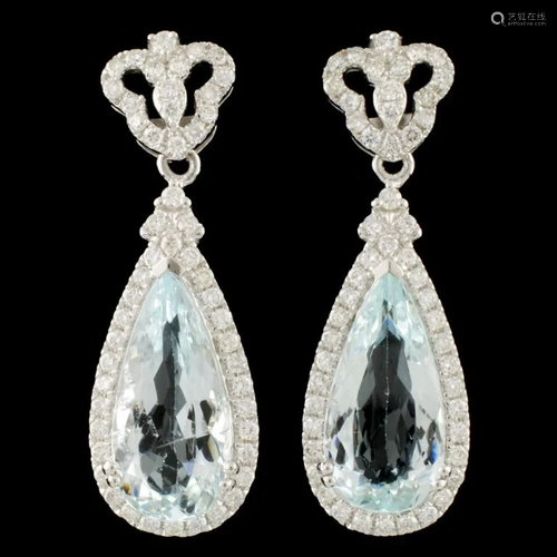 14K Gold 7.22ct Aquamarine & 1.05ctw Diamond Earri