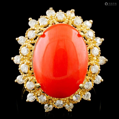 14K Gold 6.00ct Coral & 0.75ctw Diamond Ring