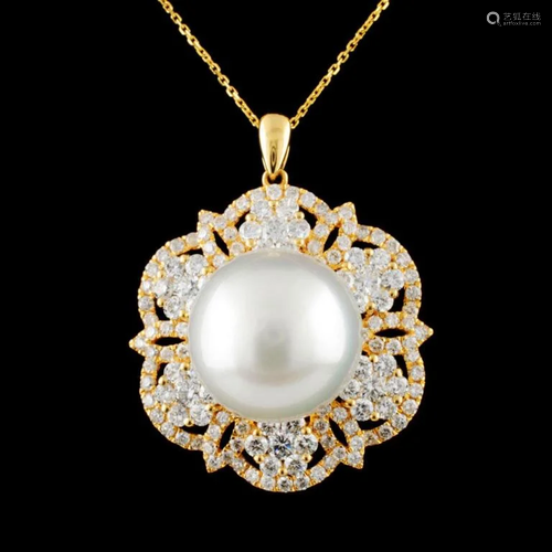 18K Gold 14.00MM Pearl & 2.26ctw Diamond Pendant