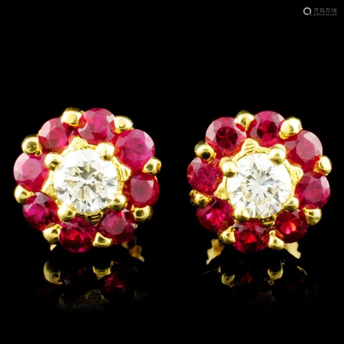 18K Gold 1.30ctw Ruby & 0.49ctw Diamond Earrings