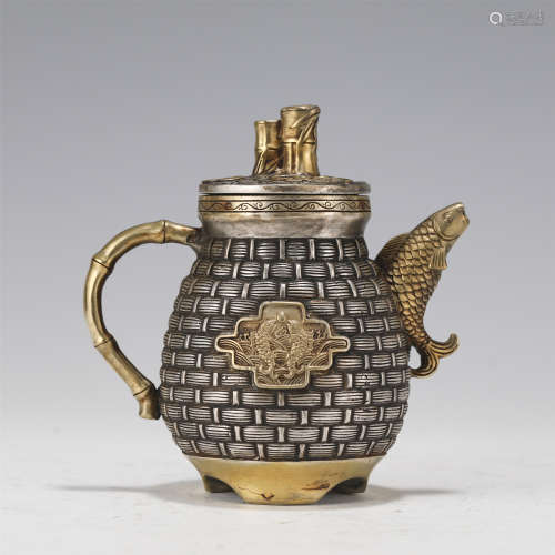 A CHINESE GILDED SILVER FISH-MOUTH POT