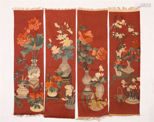FOUR PANELS CHINESE EMBROIDERY FLOWERS HANGED SCREENS