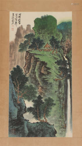 A CHINESE PAINTING OF GREEN MOUNTAINS LANDSCAPE
