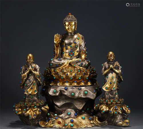 A CHINESE SILVER GILDING INLAID GEMSTONES FIGURE OF BUDDHA S...