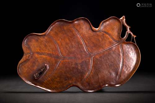 時代 天然木 玉杢 木雕葉紋 大葉盆 煎茶道具