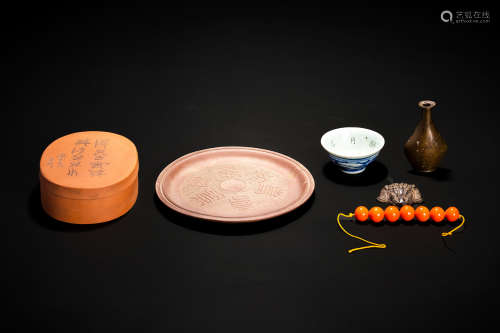 呉徳盛製 紫砂盒、盘、銅器 他 6件組