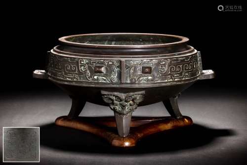 李王家 朝鮮美術品製作所造款 古銅大香炉 台付