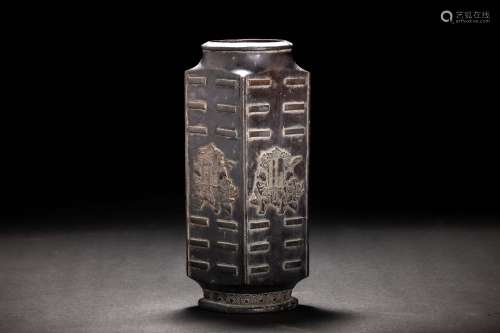 明代 古銅造唐子紋 算木手 方瓶