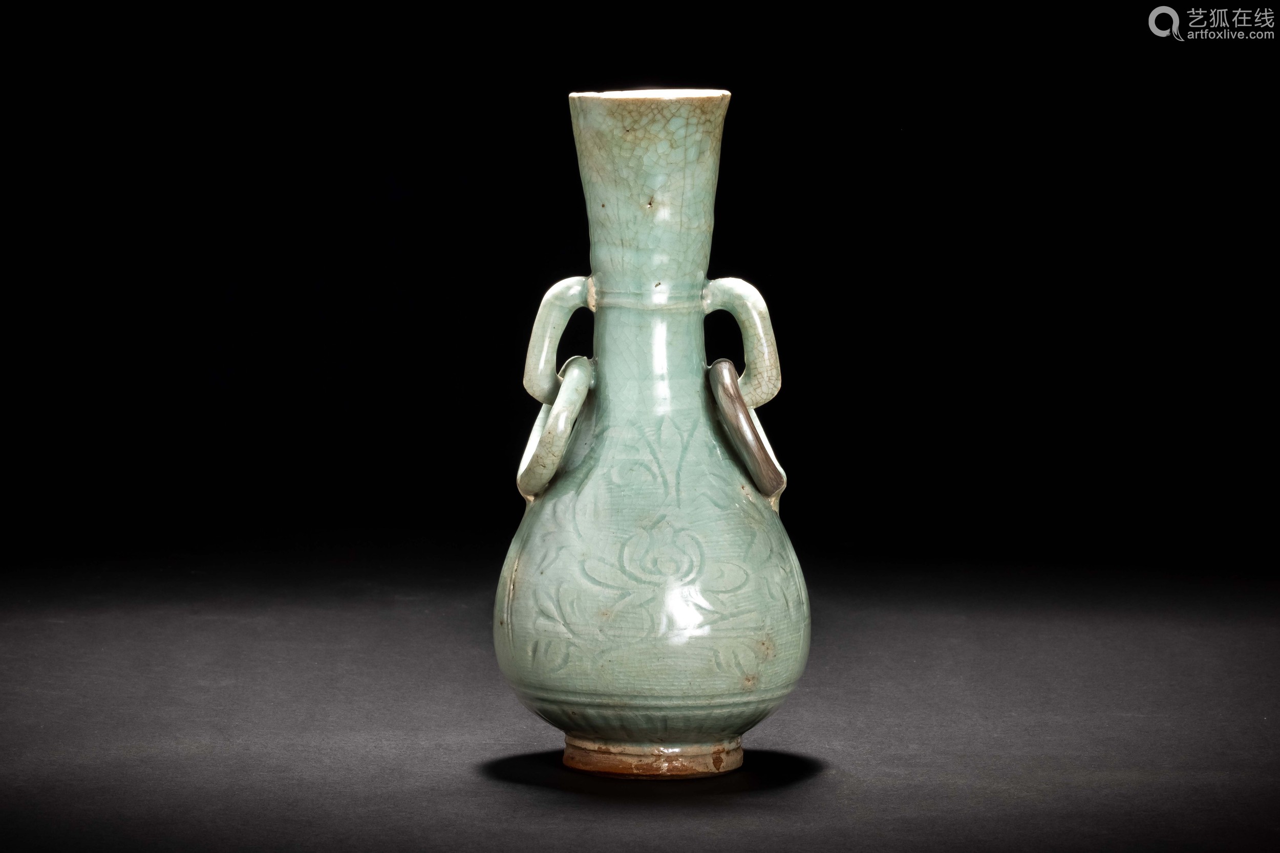 明代 龙泉窑 青磁印花纹 双耳瓶