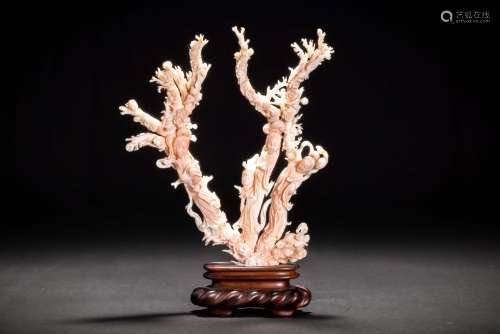 珊瑚 珊瑚雕天女紋大置物 擺件