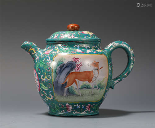 A CHINESE COLORED GLAZE YIXING ZISHA CLAY TEA POT