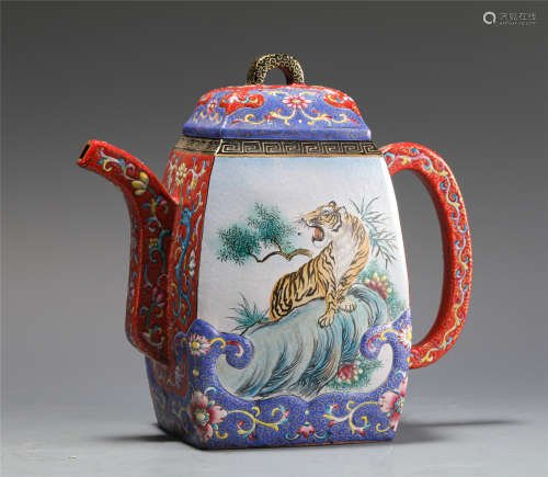 A CHINESE COLORED PAINTED YIXING ZISHA CLAY TEA POT