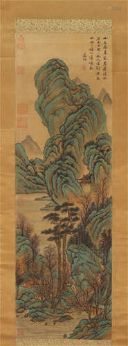 A CHINESE PAINTING OF GREEN MOUNTAINS LANDSCAPE