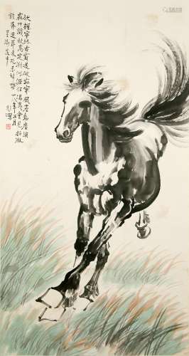 A CHINESE HORSE PAINTING SCROLL, XU BEIHONG MARK