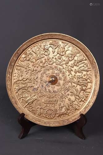 A GILT BRONZE FIGURE ROUND MIRROR