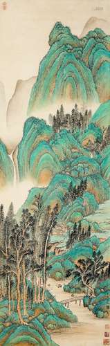 A CHINESE VERDANT MOUNTAINS PAINTING SCROLL, QIU YING MARK