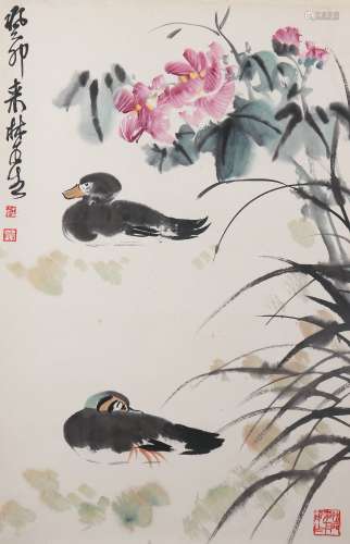 A CHINESE DUCK PAINTING SCROLL, LIN LIANG MARK