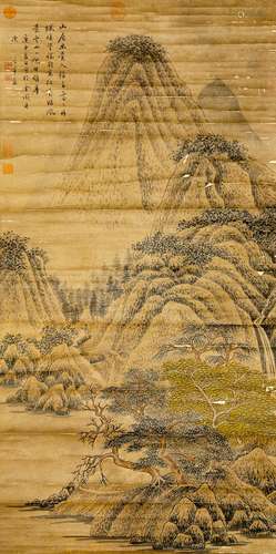 A CHINESE LANDSCAPE PAINTING AND CALLIGRAPHY SCROLL, DONG QI...