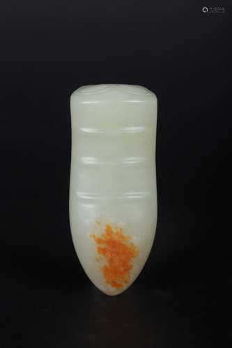 A CARVED WHITE AND RUSSET JADE FIGURE OF CICADA