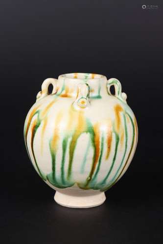 A SANCAI GLAZE FOUR-HOOKED POTTERY JAR