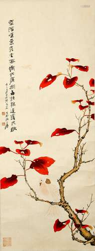 A CHINESE FLOWER AND BIRD PAINTING SCROLL, ZHANG DAQIAN MARK