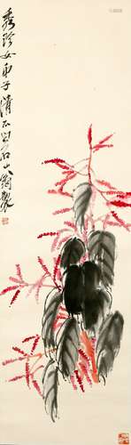 A CHINESE FLOWER PAINTING SCROLL, QI BAISHI MARK