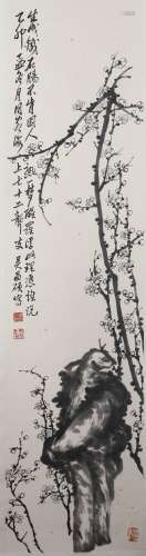 A CHINESE PLUM BLOSSOM PAINTING SCROLL, WU CHANGSHUO MARK