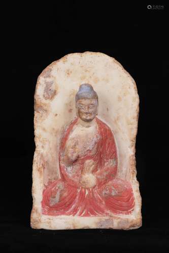 A PAINTED MARBLE STONE FIGURE OF BUDDHA