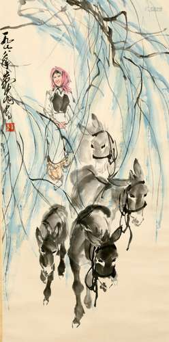 A CHINESE FEMALE AND DONKEY PAINTING SCROLL, HUANG ZHOU MARK