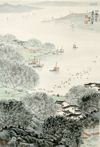 A CHINESE PAVILION SCENE PAINTING SCROLL, SONG WENZHI MARK