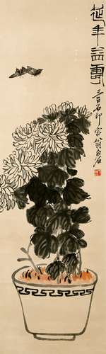 A CHINESE FLOWER AND BUTTERFLY PAINTING, QI BAISHI MARK