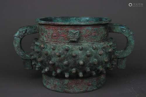 A BRONZE GRAIN DOUBLE-EARED VESSEL